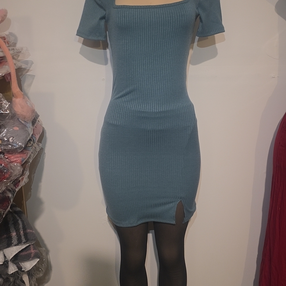 Blue Ribbed Knit Dress